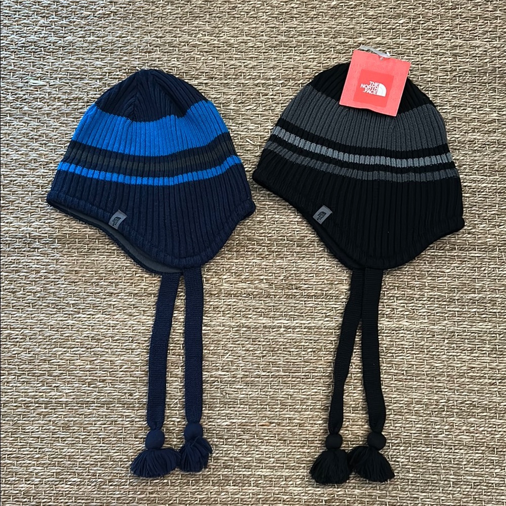 The North Face Striped Knit Beanies in Blue and Black